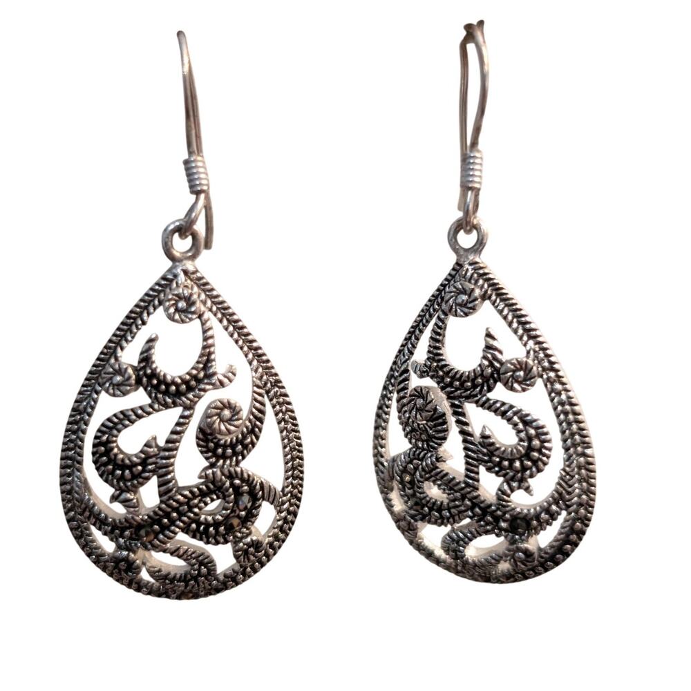 Vintage Filigree Sterling Silver Marcasite Teardrop Dangle Earrings